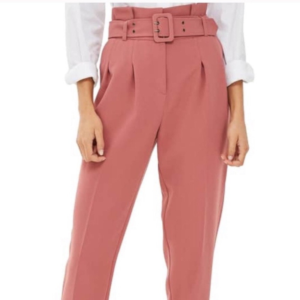 Topshop Dusty Rose Paperbag Belted Cropped Pants